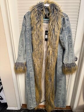 Fashion Nova Acid Wash Denim Coat with Faux Fur Trim in Blue and Brown